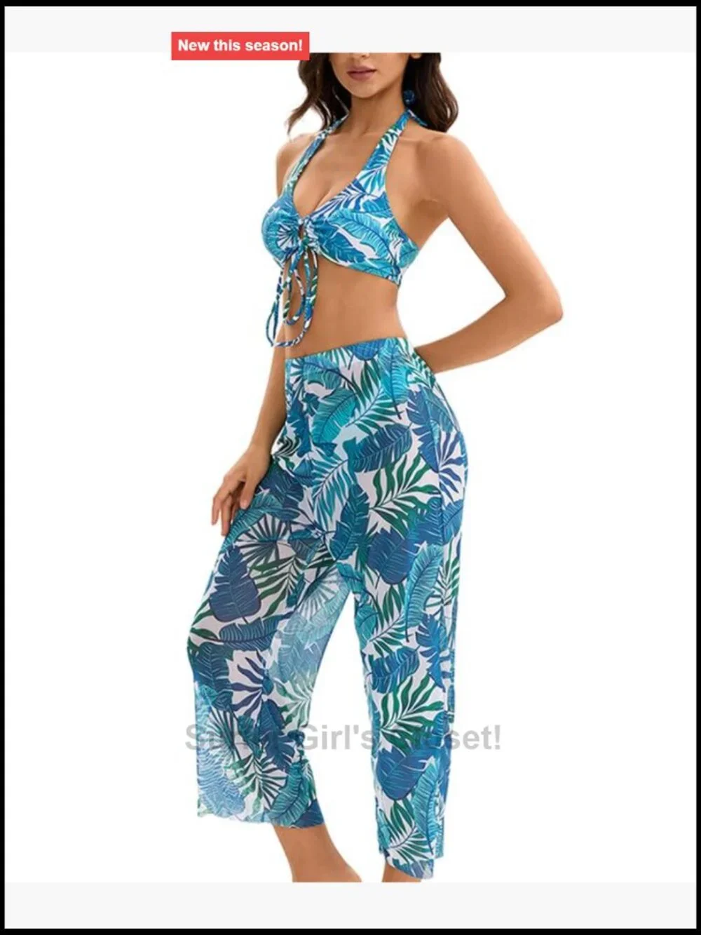 3 Piece Bikini Set with Halter Top and Beach Pants